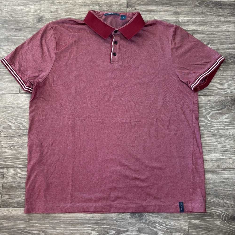 PERRY ELLIS Polo Mens XL Red Burgundy Striped Short Sleeve Moisture Wicking